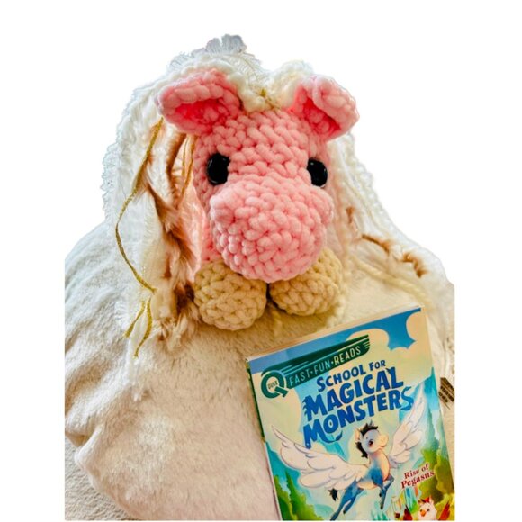 Soft Pink Crocheted Pegasus Plushie w/Book - Picture 1 of 6